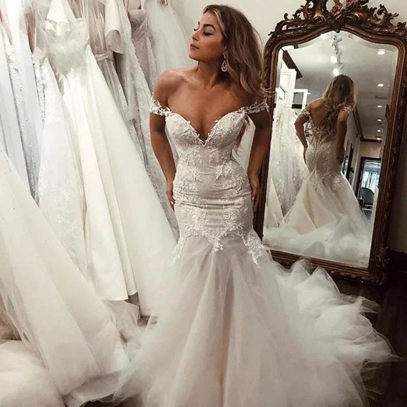 Off the Shoulder Pretty Mermaid Lace Long Tulle Elegant Wedding Dresses - Image 3