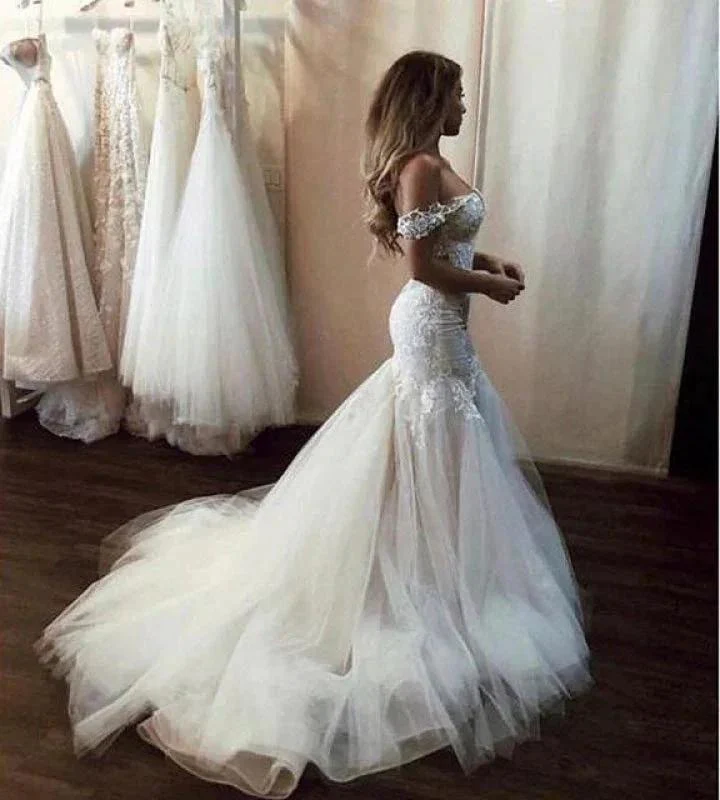 Off the Shoulder Pretty Mermaid Lace Long Tulle Elegant Wedding Dresses - Image 4