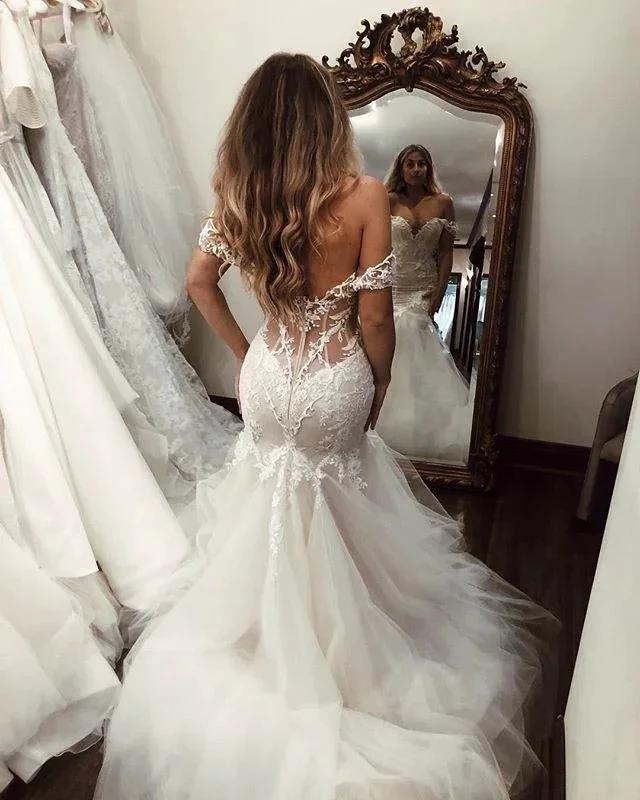 Off the Shoulder Pretty Mermaid Lace Long Tulle Elegant Wedding Dresses - Image 5