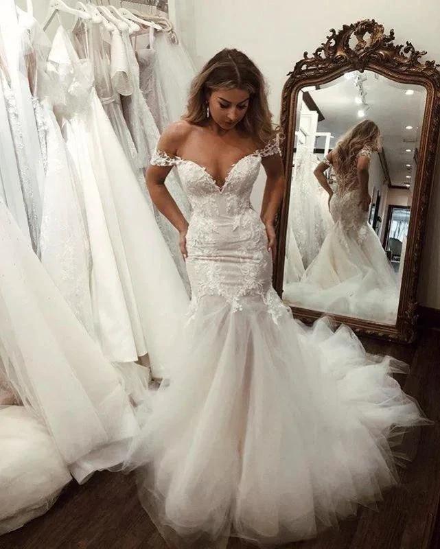 Off the Shoulder Pretty Mermaid Lace Long Tulle Elegant Wedding Dresses - Image 6