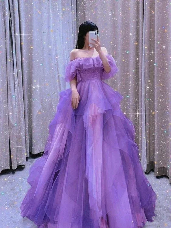 Off The Shoulder Purple A-line Tulle Evening Dress Princess Dress Y5627 - Image 2
