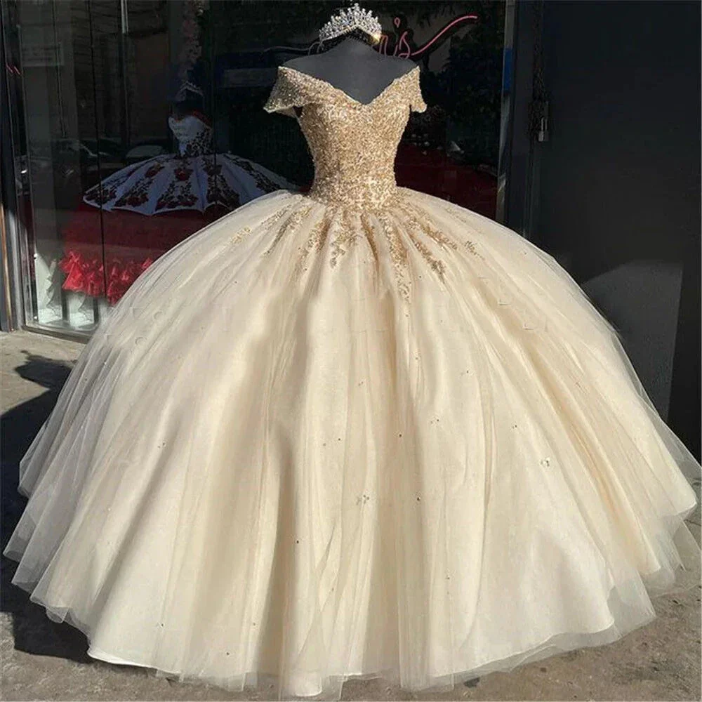 Off the Shoulder Quinceanera Dresses Champagne Lace Appliqued Beaded Ball Gown Y4148 - Image 2