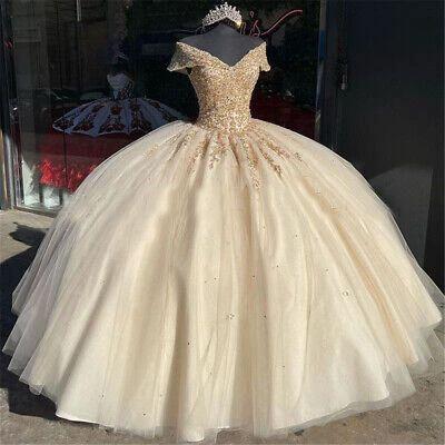 Off The Shoulder Quinceanera Dresses Champagne Lace Appliqued Beaded Ball Gown Y586 - Image 2