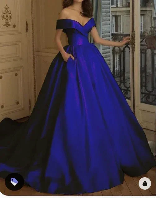 Off The Shoulder Royal Blue Satin Ball Gown Stunning Princess Dress Y310 - Image 2