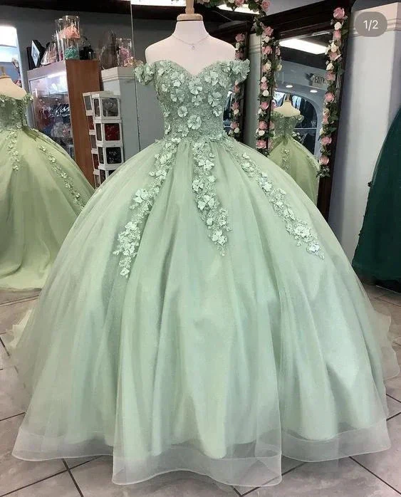 Off The Shoulder Sage Green Ball Gown With Flowers Sweet 16 Dress Quinceanera Y4342 - Image 2