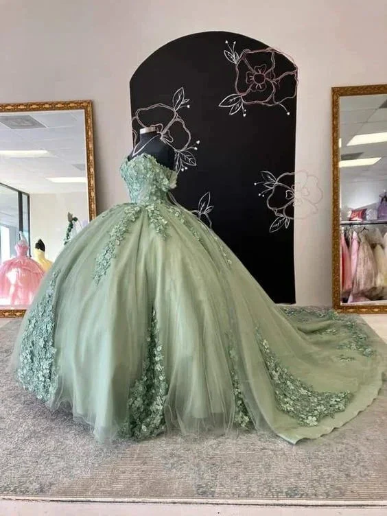 Off The Shoulder Sage Green Lace Appliques Ball Gown,Sweet 16 Dress Y2028 - Image 2