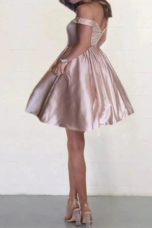 Off the Shoulder Satin Beaded Homecoming Dresses with Pocket PD167 - Image 2