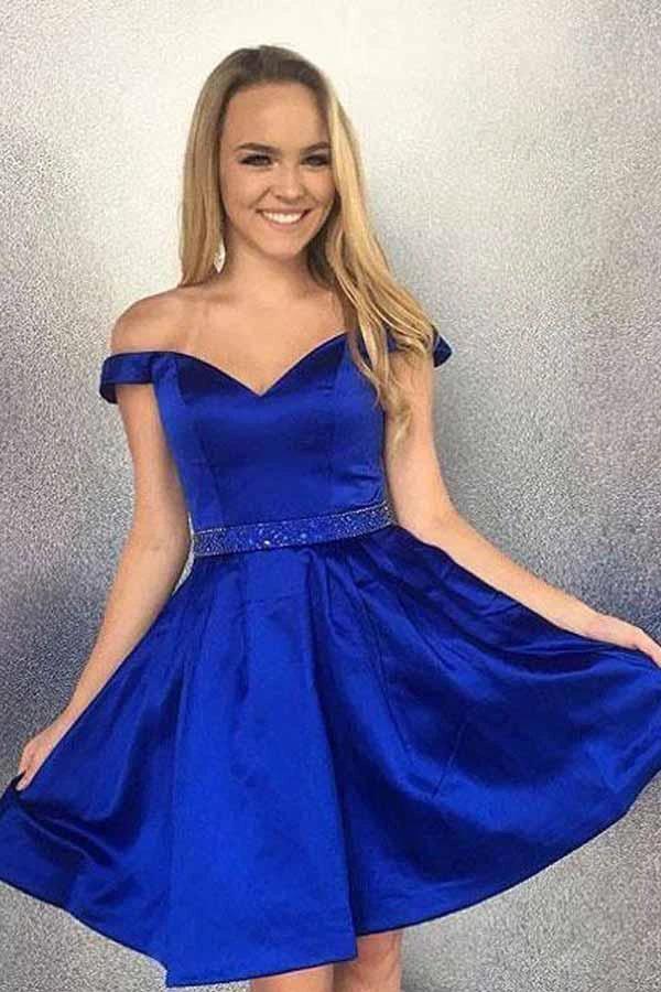 Off the Shoulder Satin Beaded Homecoming Dresses with Pocket PD167 - Image 3
