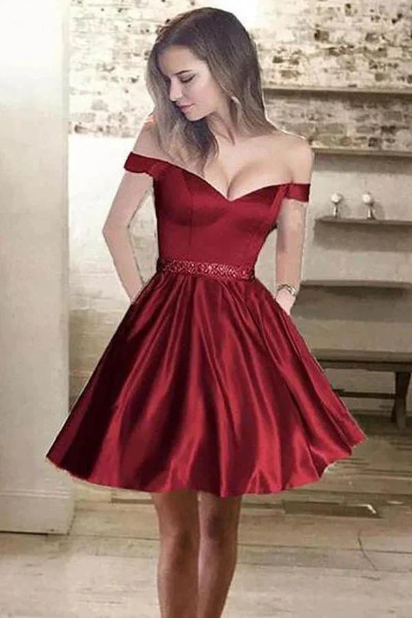 Off the Shoulder Satin Beaded Homecoming Dresses with Pocket PD167 - Image 4
