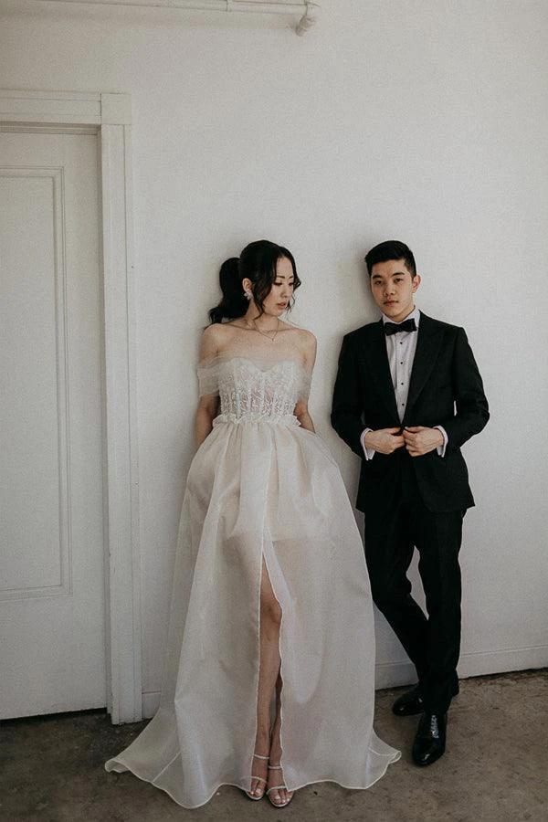 Off The Shoulder Satin Lace Split Wedding Dress With Long Veil WD604 - Image 2