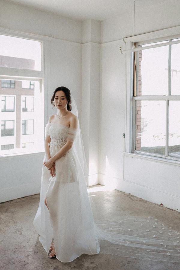 Off The Shoulder Satin Lace Split Wedding Dress With Long Veil WD604 - Image 3
