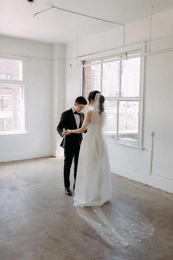 Off The Shoulder Satin Lace Split Wedding Dress With Long Veil WD604 - Image 4