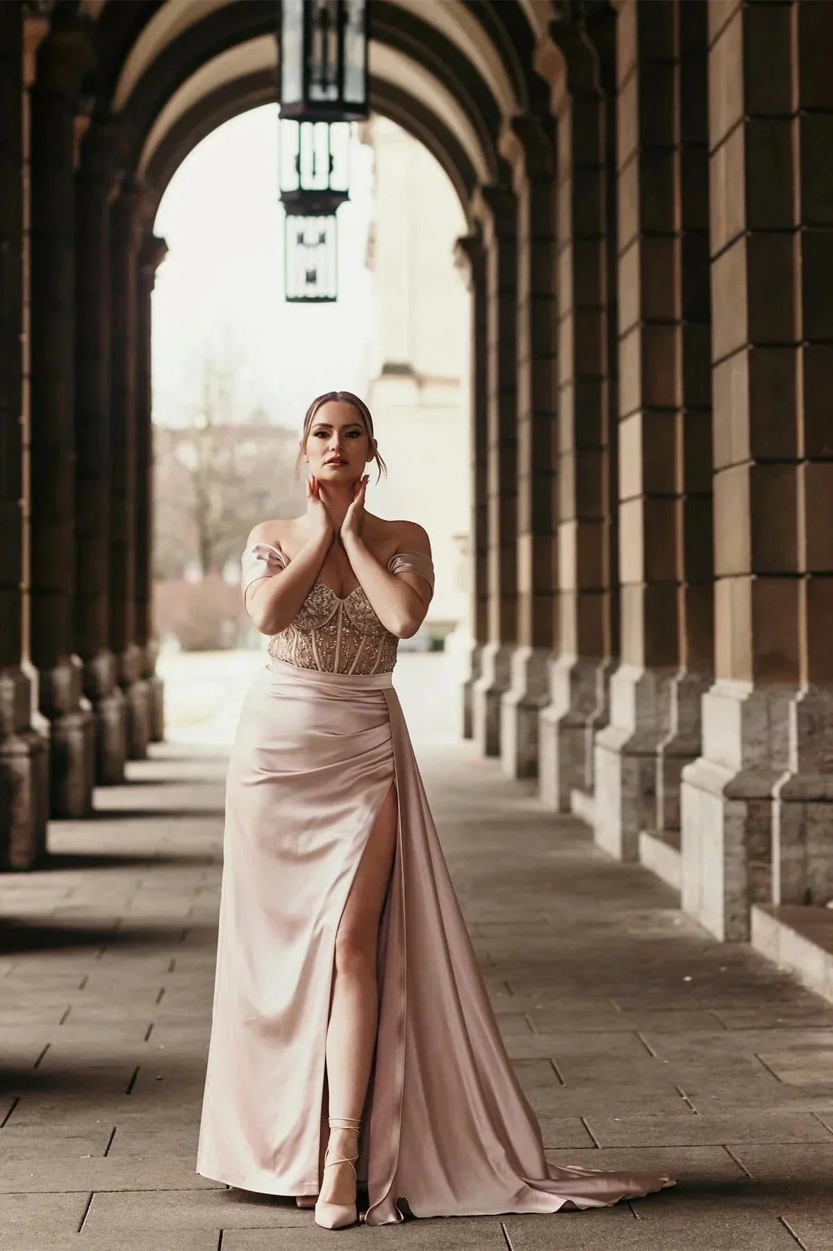 Off-the-Shoulder Satin Mermaid Prom Dress Side Slit with Detachable Train - Image 4