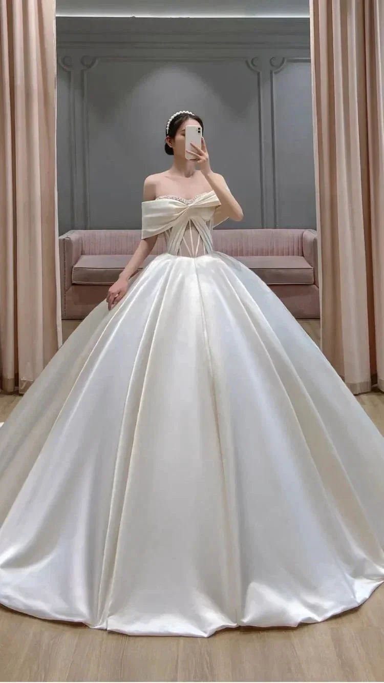 Off The Shoulder Satin Wedding Dress Charming Wedding Dress Y264 - Image 2