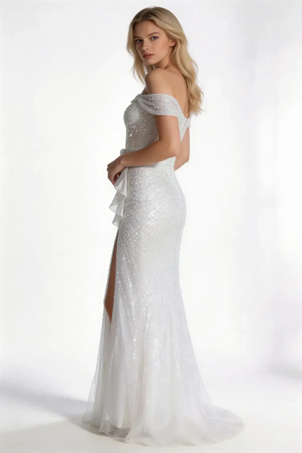 Off The Shoulder Sequin Mermaid Evening Gown With High Slit And Ruffle Detail - Image 2