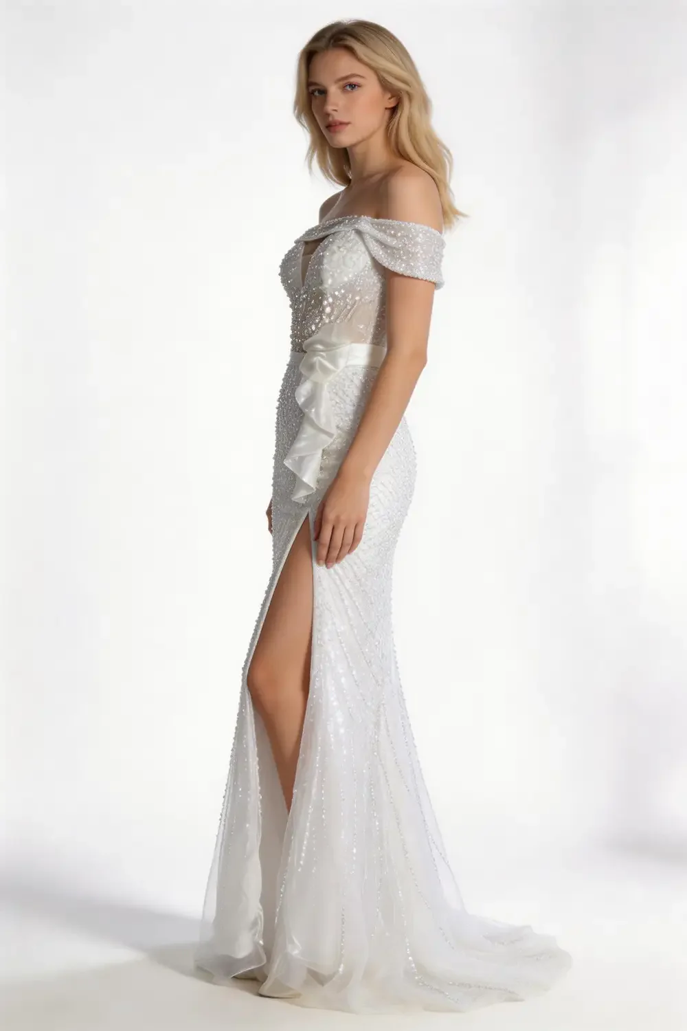 Off The Shoulder Sequin Mermaid Evening Gown With High Slit And Ruffle Detail - Image 3
