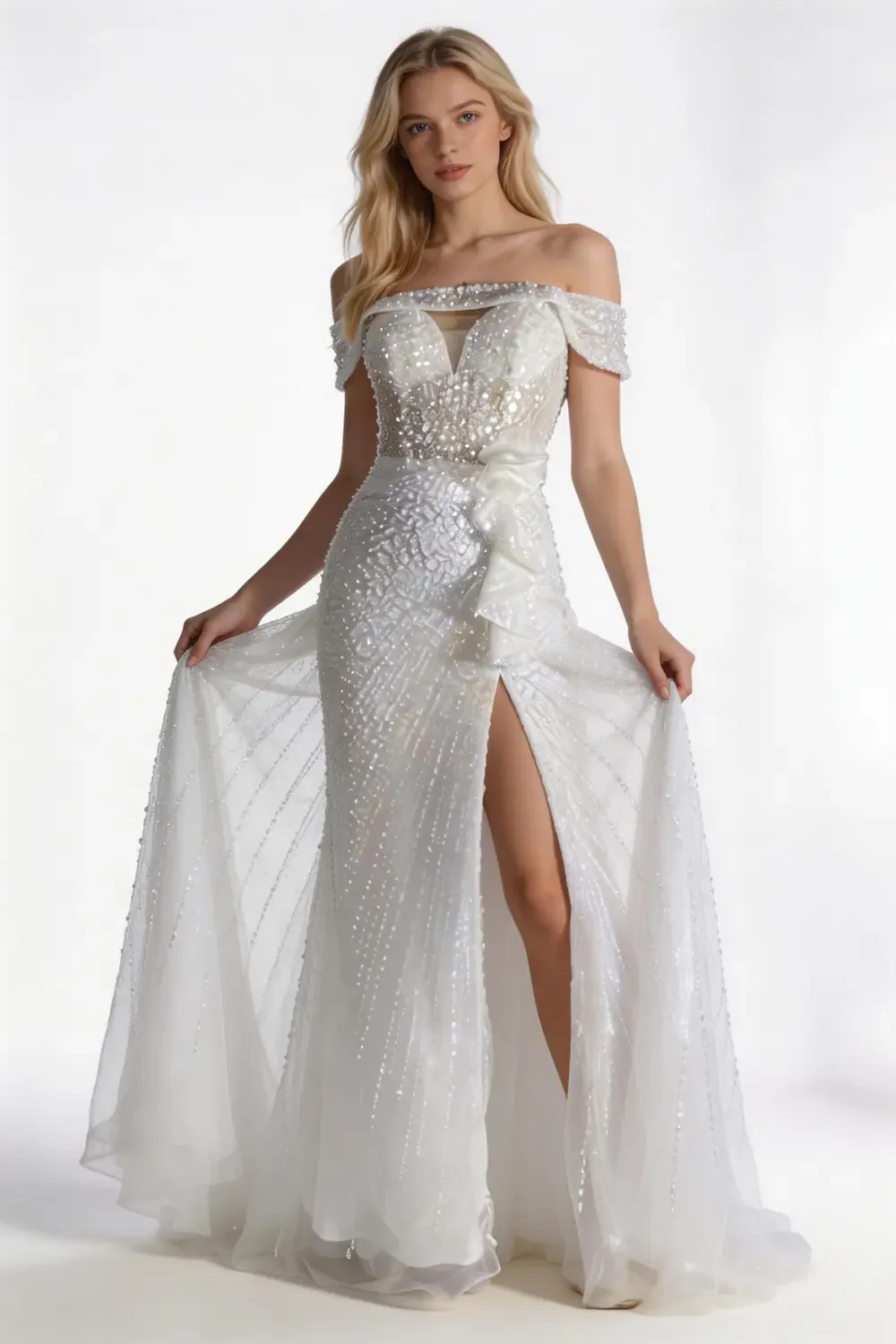 Off The Shoulder Sequin Mermaid Evening Gown With High Slit And Ruffle Detail - Image 4