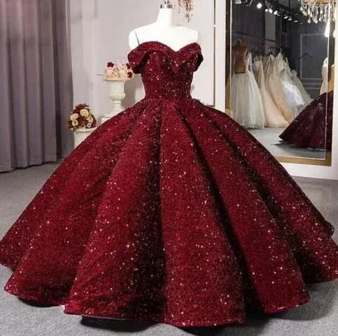 Off The Shoulder Sequins Burgundy Ball Gown Quinceanera Dress Sweet 16 Dress Y4160 - Image 2
