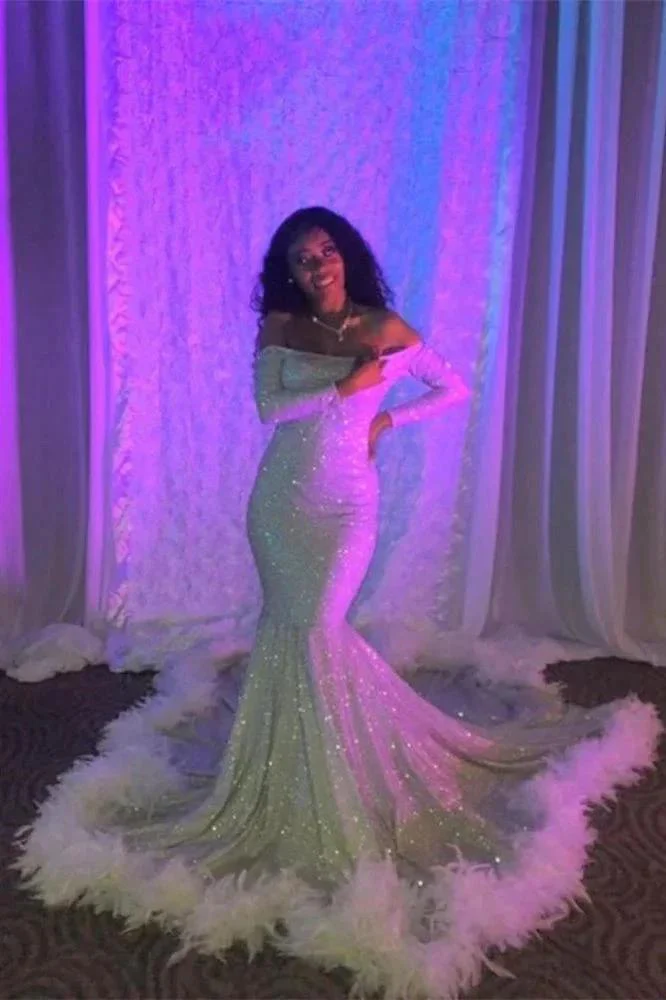 Off-the-Shoulder Sequins Mermaid Long Prom Dress With Feather and Long Sleeves - Image 2