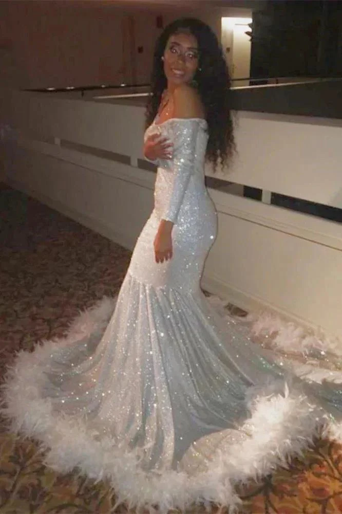 Off-the-Shoulder Sequins Mermaid Long Prom Dress With Feather and Long Sleeves - Image 3