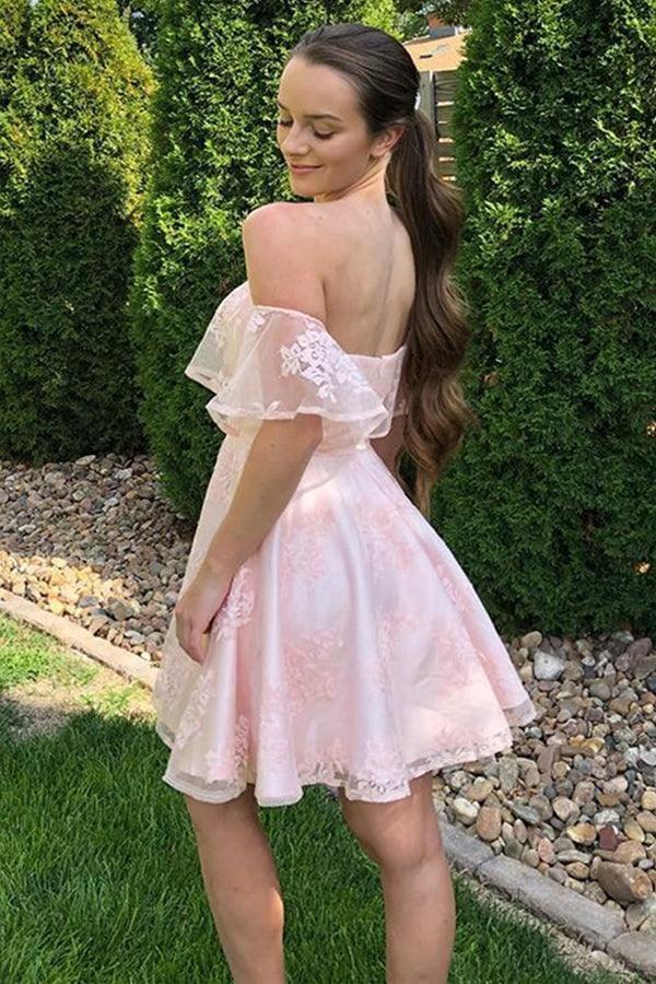 Off the Shoulder Short Pink Lace Prom Dresses Homecoming Dresses PD452 - Image 2