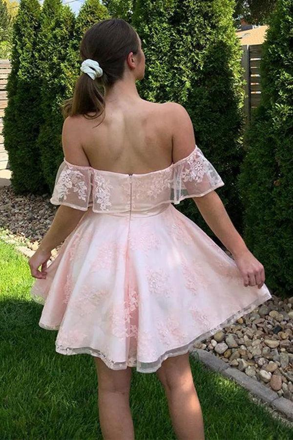 Off the Shoulder Short Pink Lace Prom Dresses Homecoming Dresses PD452 - Image 3