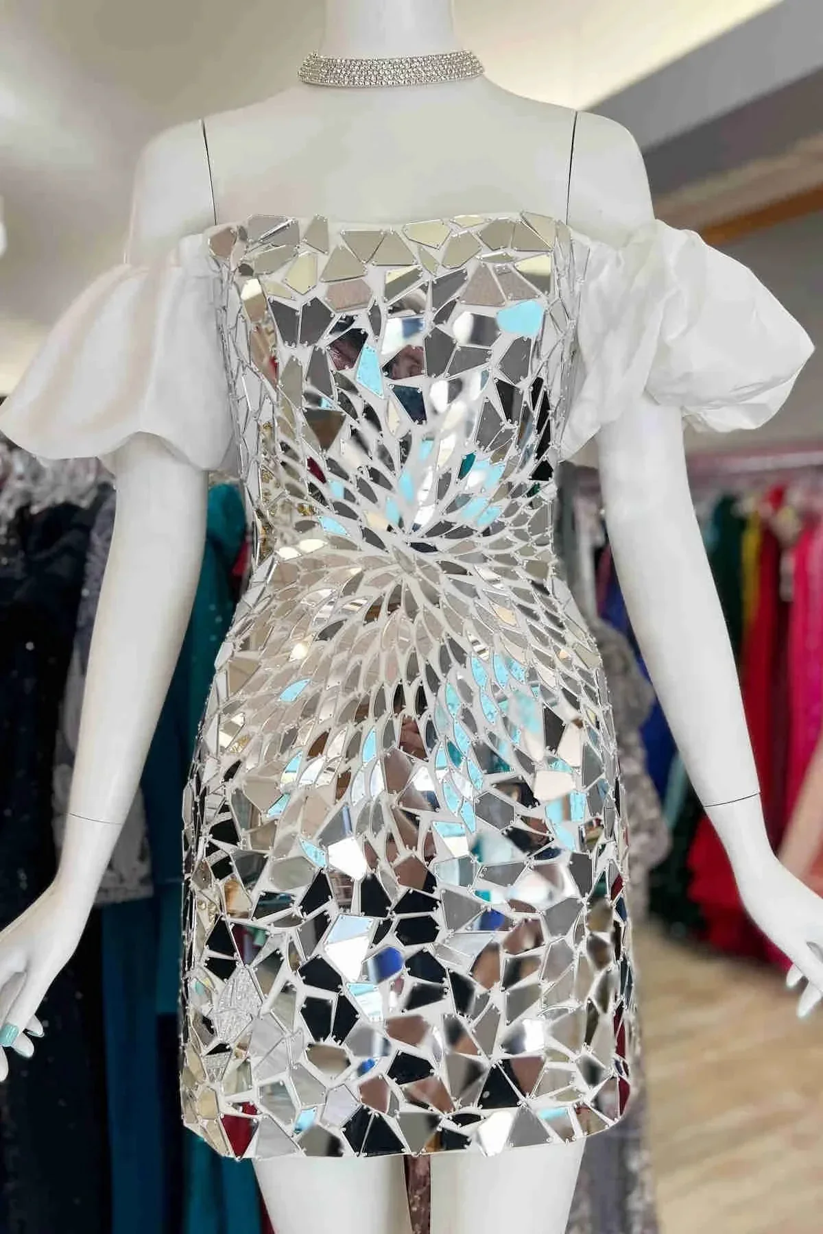 Off the Shoulder Silver Cut Glass Mirror Homecoming Dress Y1919 - Image 2