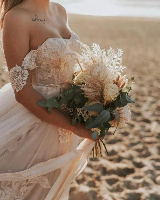 Off-the-Shoulder Simple Wedding Dress Tulle Lace Aline Beach Wedding Dress - Image 3