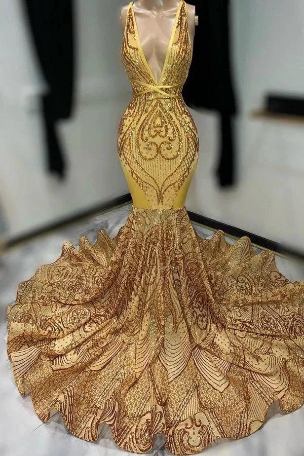 Off The Shoulder Sleeveless Dark Gold Sequins Prom Dress with Appliques V Neck - Image 2