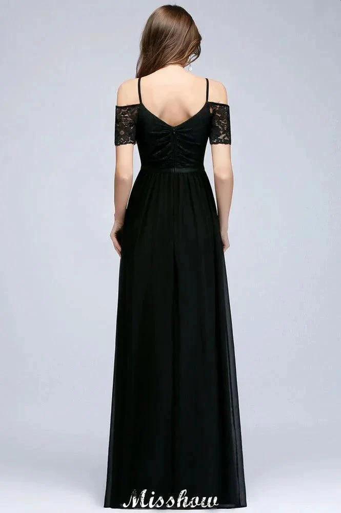 Off-the-shoulder Sleeveless Floor-Length A-line Bridesmaid Dresses Chiffon Lace V-Neck Prom Dress - Image 2
