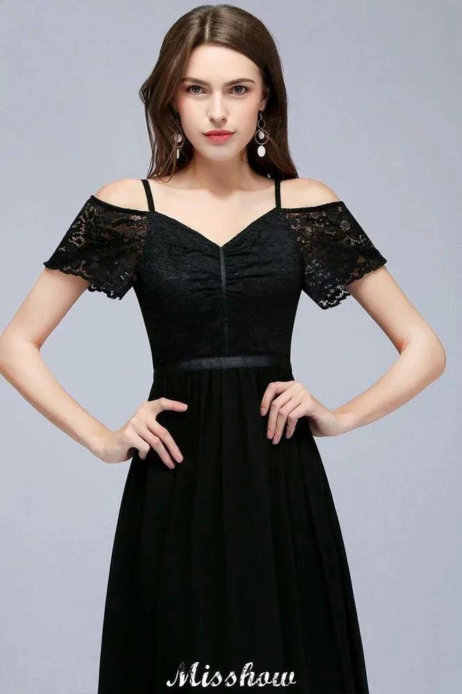 Off-the-shoulder Sleeveless Floor-Length A-line Bridesmaid Dresses Chiffon Lace V-Neck Prom Dress - Image 4