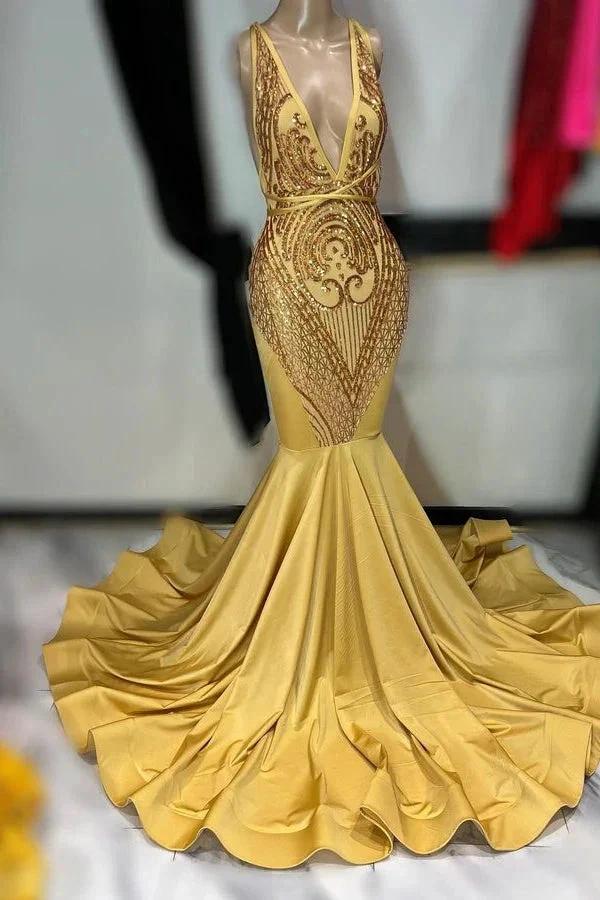 Off The Shoulder Sleeveless Mermaid V-neck Long Prom Dress - Image 3