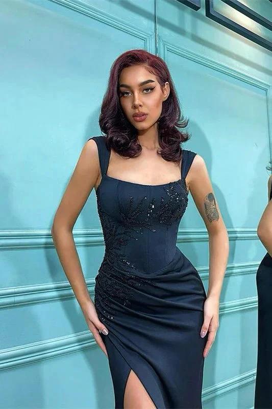 Off The Shoulder Split Front Sleek Black Mermaid Prom Dress with Sequins - Image 2