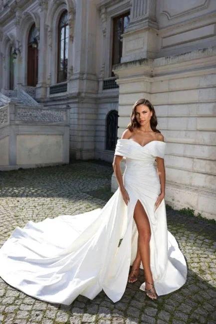 Off The Shoulder Stain Split Front Mermaid Princess Wedding Dress with Ruffles - Image 3