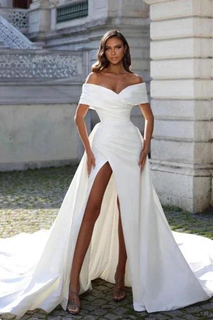 Off The Shoulder Stain Split Front Mermaid Princess Wedding Dress with Ruffles - Image 4