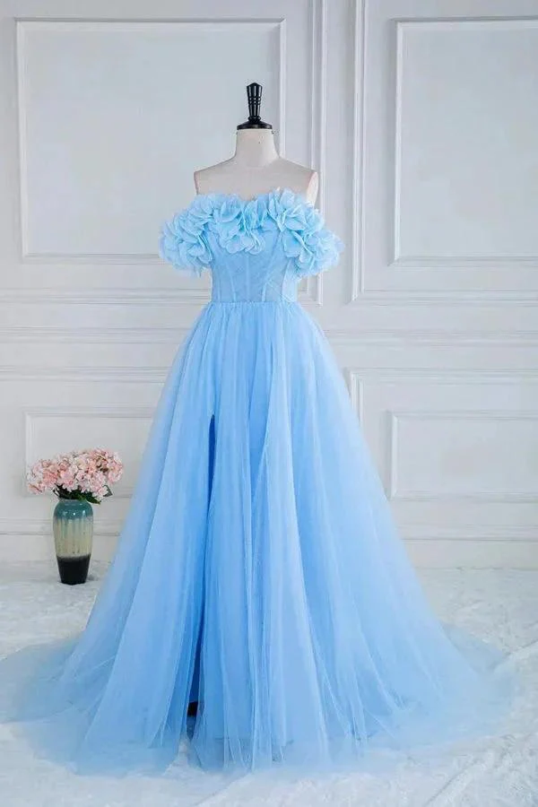 Off the Shoulder Strapless Flower A-Line Tulle Blue Prom Dress PSK474 - Image 2