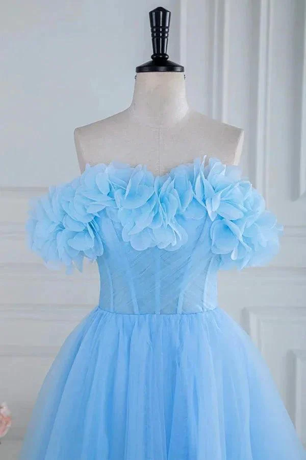 Off the Shoulder Strapless Flower A-Line Tulle Blue Prom Dress PSK474 - Image 3