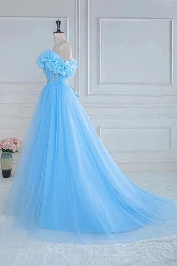 Off the Shoulder Strapless Flower A-Line Tulle Blue Prom Dress PSK474 - Image 4