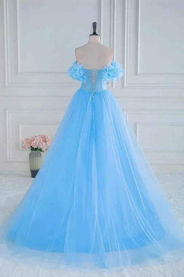 Off the Shoulder Strapless Flower A-Line Tulle Blue Prom Dress PSK474 - Image 5