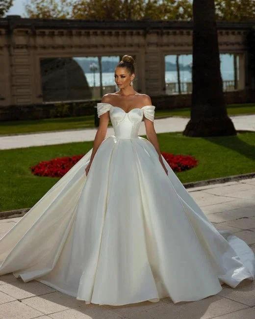 Off-the-Shoulder Sweetheart Ball Gown Satin Sleeveless Garden Bridal Dress - Image 5