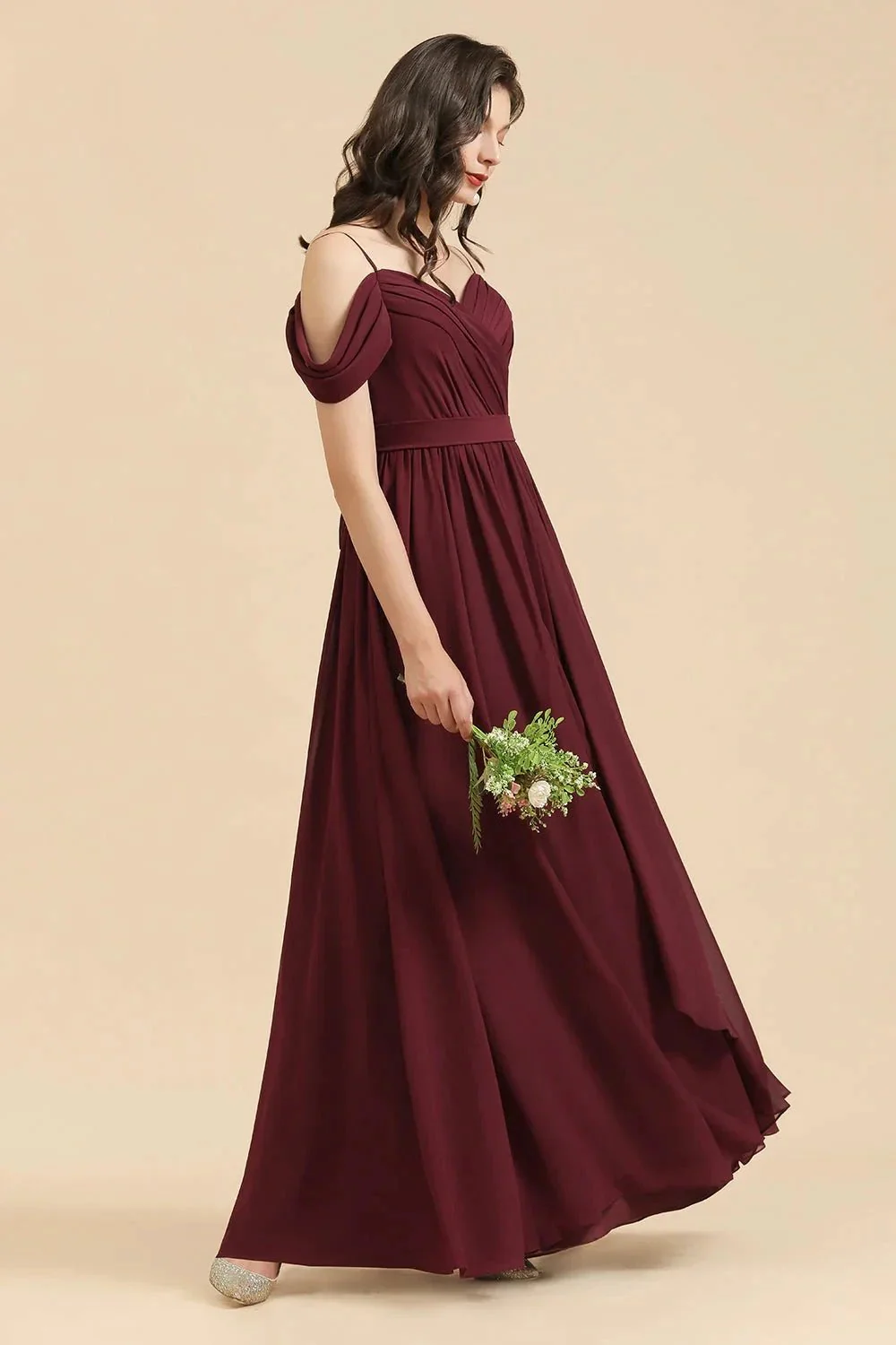 Off-the-Shoulder Sweetheart Burgundy Long Bridesmaid Dress With Slit - Image 2