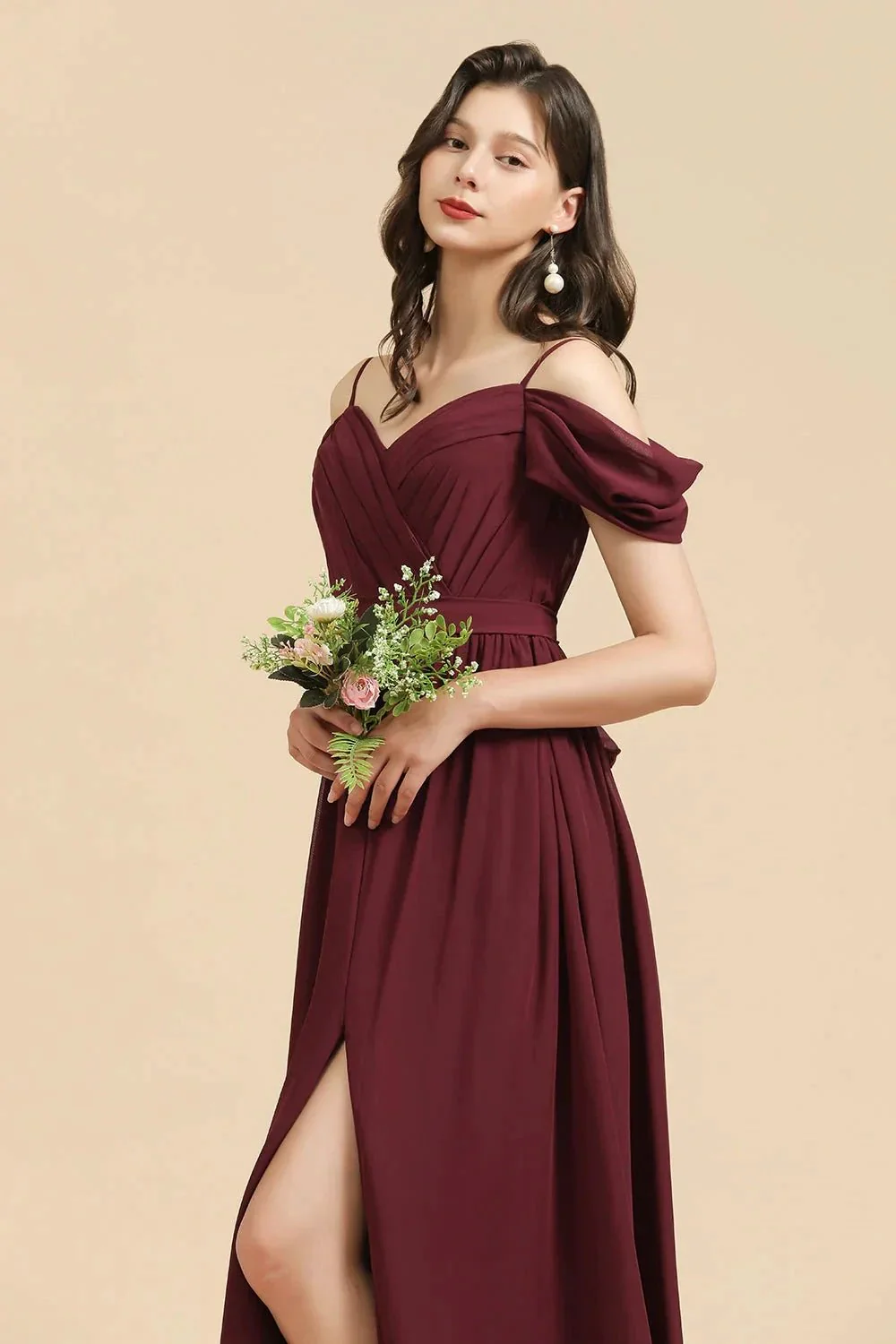 Off-the-Shoulder Sweetheart Burgundy Long Bridesmaid Dress With Slit - Image 3