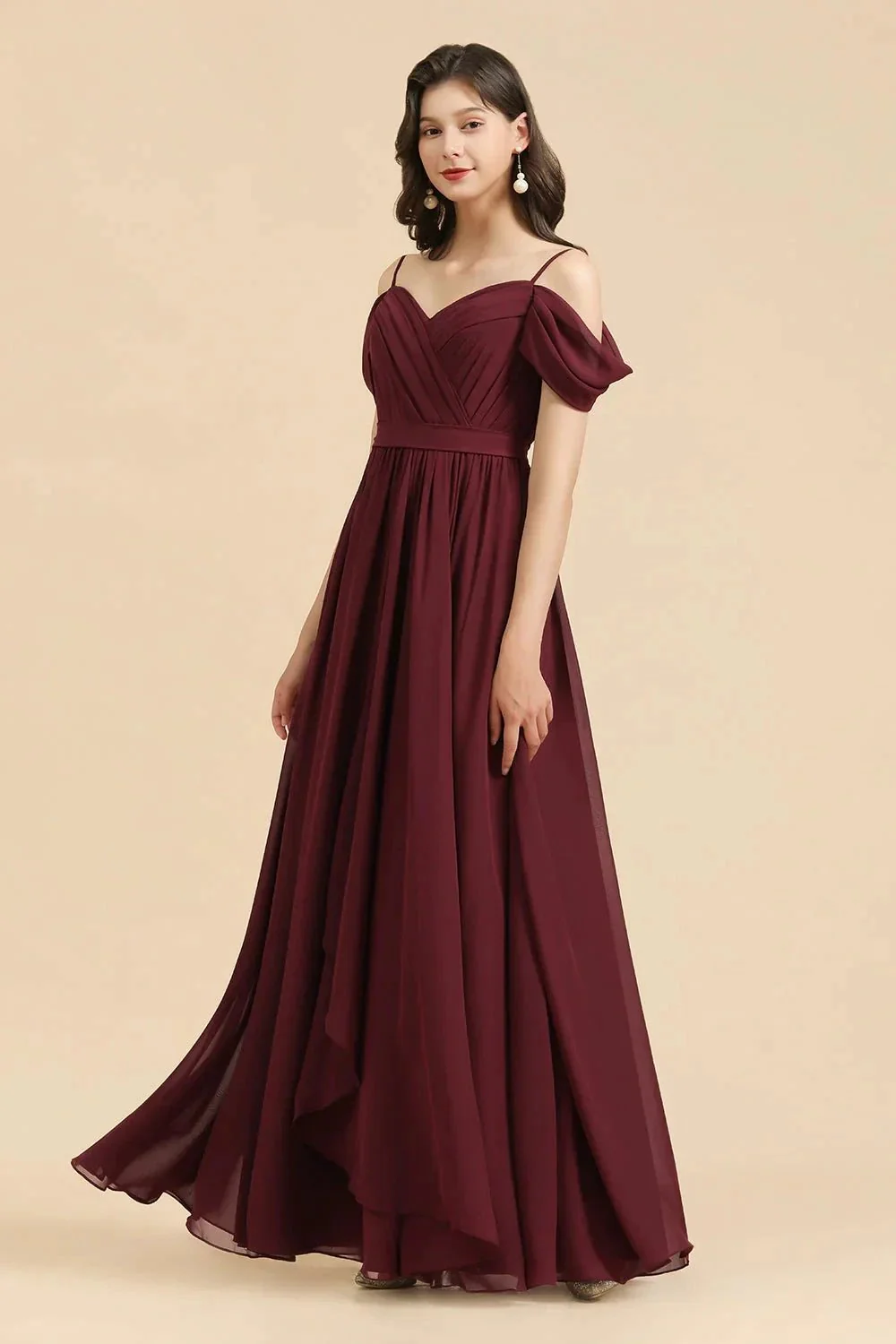 Off-the-Shoulder Sweetheart Burgundy Long Bridesmaid Dress With Slit - Image 4