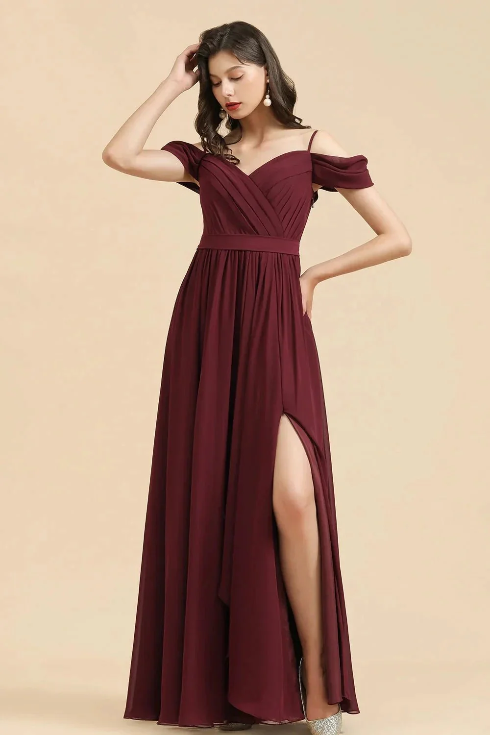 Off-the-Shoulder Sweetheart Burgundy Long Bridesmaid Dress With Slit - Image 5
