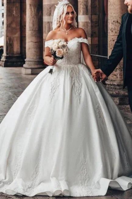 Off-The-Shoulder Sweetheart Stain Ball Gown Wedding Dress with Appliques - Image 5
