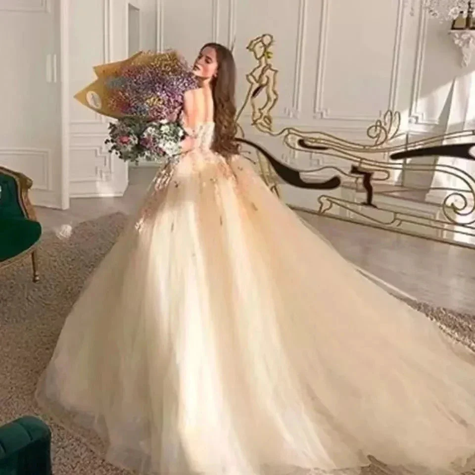 Off the Shoulder Sweetheart Tulle Long Evening Gowns 3D Flowers Appliques Formal Party Dresses Princess Ball Gown Prom Dresses - Image 2