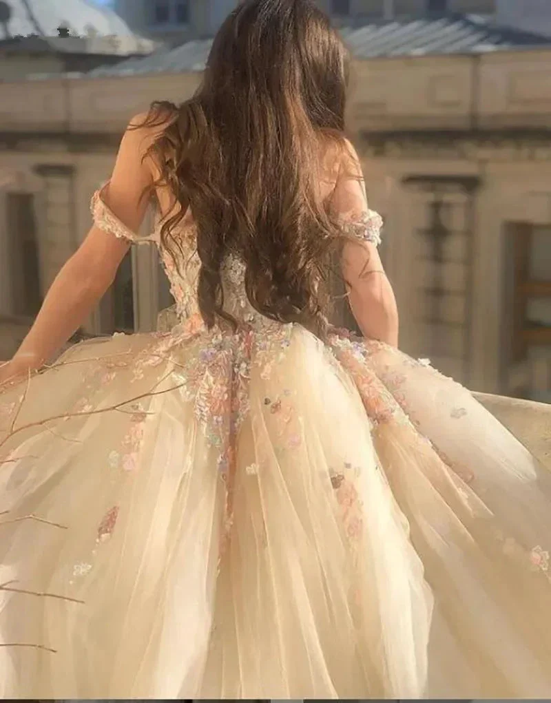 Off the Shoulder Sweetheart Tulle Long Evening Gowns 3D Flowers Appliques Formal Party Dresses Princess Ball Gown Prom Dresses - Image 3