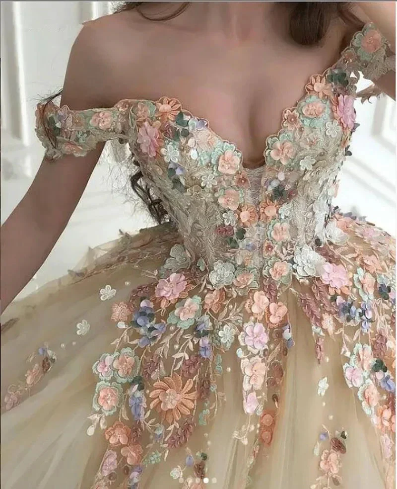 Off the Shoulder Sweetheart Tulle Long Evening Gowns 3D Flowers Appliques Formal Party Dresses Princess Ball Gown Prom Dresses - Image 5
