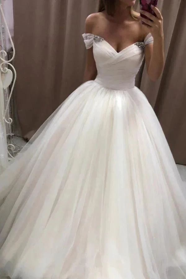 Off The Shoulder Tulle Sweetheart White Wedding Dresses Bridal Gown WD020 - Image 2