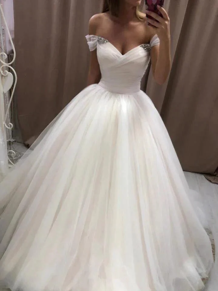 Off The Shoulder Tulle Sweetheart White Wedding Dresses Bridal Gown WD020 - Image 3